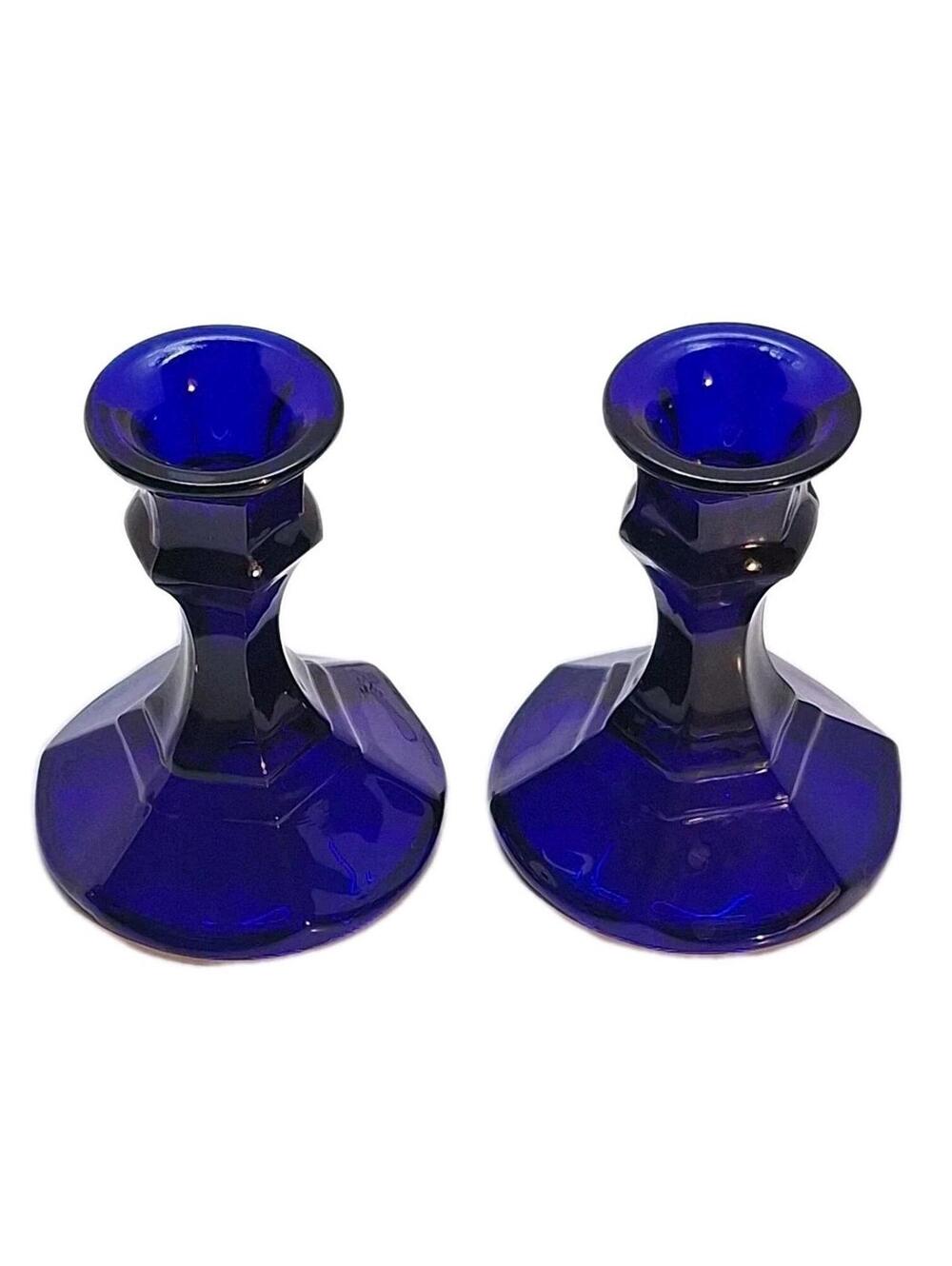 Vintage Cobalt Blue Glass Candlestick Pair Candle Holders Libby Latrobe Hexagon